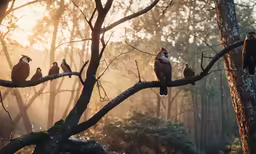 a bunch of birds perched on branches in the trees