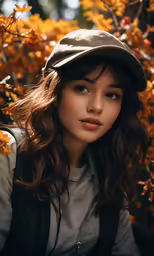 a woman with a baseball cap sitting on the ground in front of trees