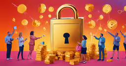 the people are looking at a padlock over a pile of coins,people holding golden coins and a padlock with coin rain coming out
