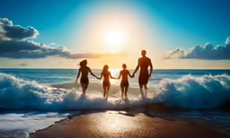 four people holding hands walking into the ocean