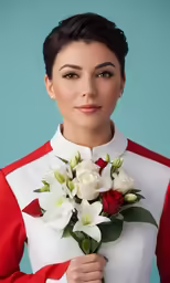 a woman with flowers in her hand and a red jacket on