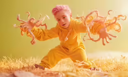 a child in yellow is standing in the grass with an octopus suit on