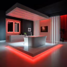 this is a bathroom with a white table and some red lights