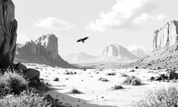 a lone bird is flying over a barren landscape