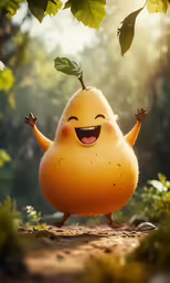a yellow fruit in front of trees with its arms and legs spread