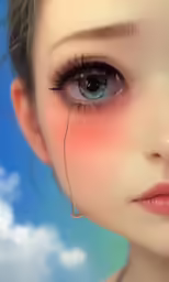a girl with blue eyes and red makeup