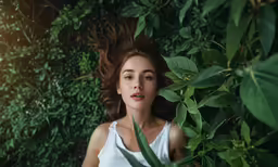 a young woman is lying down in front of some green leaves