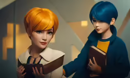 two young women are holding books together and smiling