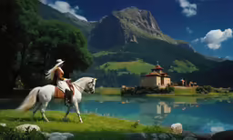 a girl on a white horse in the middle of a painting