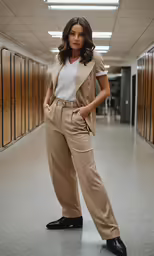a young black woman in beige slacks and black shoes stands by lockers