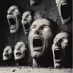 screaming heads and faces of men against a wall
