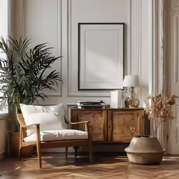 a large plant in front of a white framed photo