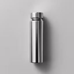 a stainless steel bottle with a loop around the bottom,a stainless steel flask on a white wall