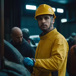 a man in yellow jacket and hat carrying an object with other people behind him