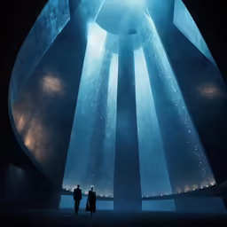 two people are walking through a large room with lights
