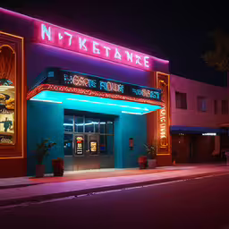 a lit up neon lit restaurant front on the street,the neon light entrance to a large hotel