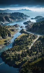 a view of an aerial photo of a body of water and many trees