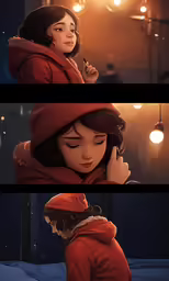 the two panels of a woman with an umbrella and in the background is another panel, one has a picture of a woman in red jacket and another girl has dark hair and