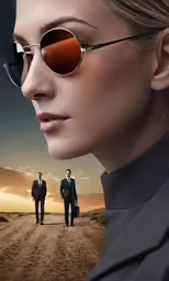 a girl wearing sunglasses and a black suit on top of a dirt field