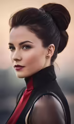 a woman with a high bun hairstyle and red lipstick