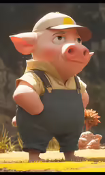 a cartoon pig with a hat and overalls