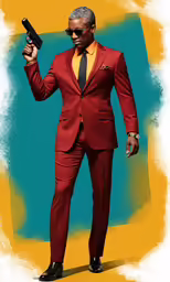 man in red suit with gun painting