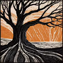 an orange tree with the sun coming up over the water,a tree with its roots in the snow