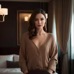 a woman in brown is standing at the edge of her bed