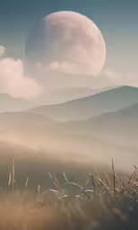 a view of the sky, mountains, grass and the moon