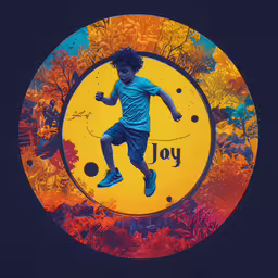 the painting depicts a boy playing with a ball,a kid kicking a soccer ball while jumping through the air