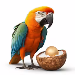 the parrot is standing next to an egg on a white background