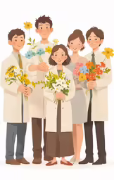 a couple and three men are holding flowers