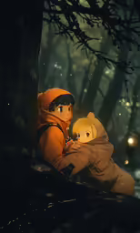 a couple hugs in the middle of a forest