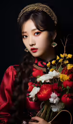 a young asian lady in a traditional outfit holding flowers,a beautiful woman holding flowers and wearing a red dress