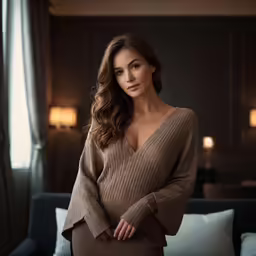 a woman in a brown sweater posing for the camera