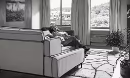 an older man sitting on a couch with two large windows,a person sitting on a couch in a room with windows