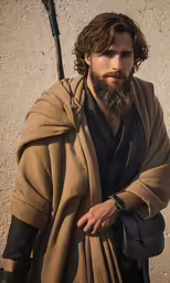 a man with long hair and a beard holds a small pole