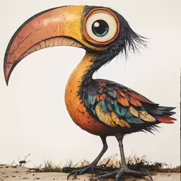 a drawing of a big bird with large eyes