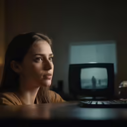 a young woman looks towards the distance with a small tv behind her