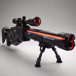 a large gun with two red lights on it