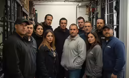 a group of people posing in front of some tools