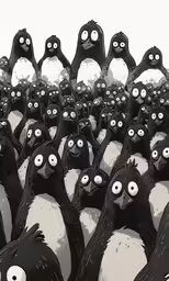 some big cute black and white birds with eyes