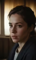 woman in black jacket staring into the camera