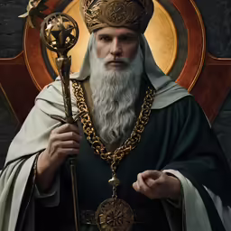 the elderman holding a staff standing in front of a golden symbol