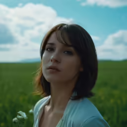 a close up of a person standing in a field