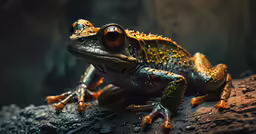 a frog with large, yellow, black eyes sits on top of the rock