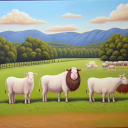 painting of sheep and lion on green grassy field,a painting of a sheep and some sheep with mountain in the background