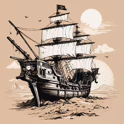 a pirate ship floating in the ocean under a full moon,a drawing of a sailing ship in the sand
