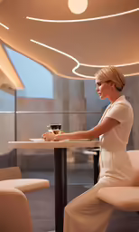 the woman in the dress sits at a table with a cup of coffee