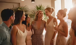 a group of young women laughing and standing in front of a window